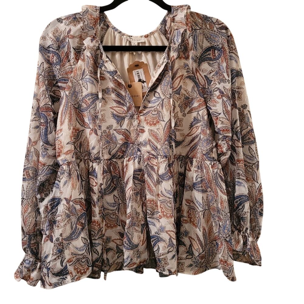 Womens Peasant Balloon Sleeve Top Paisly Print Floral Peplum Blouse Blue Pepper